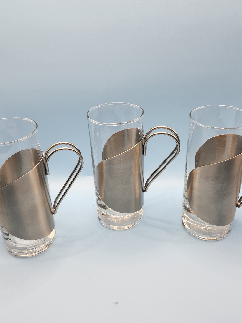 Vintage MCM Danish Scanmalay Hot Toddy Irish Coffee Glasses Metal Holders Set 3